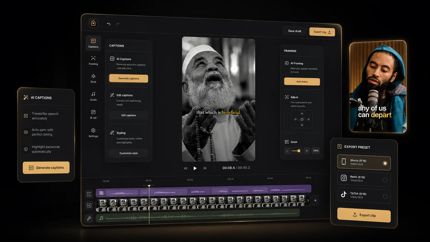 DeenClipped editor with timeline, framing and caption controls