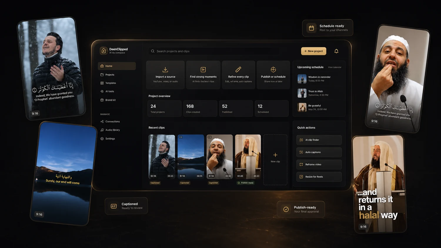 DeenClipped premium dashboard with floating finished clips