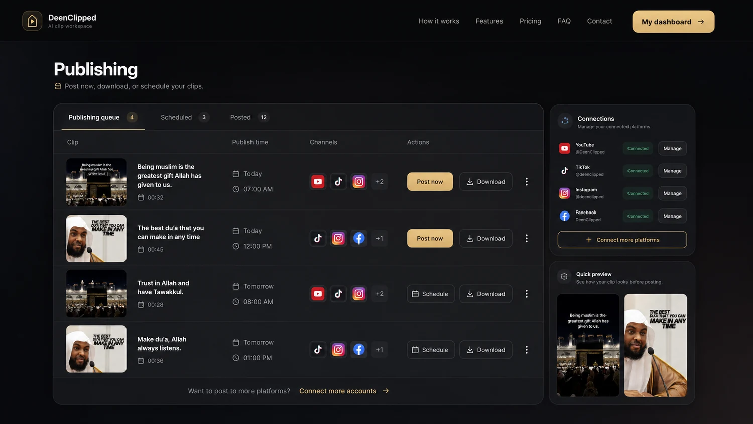 Clean DeenClipped publishing schedule and connected platform controls