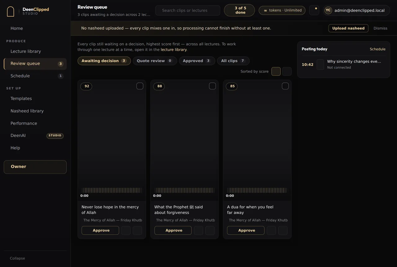 The real DeenClipped review queue with candidate clips scored and waiting